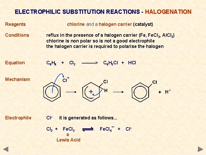 ELECTROPHILIC SUBSTITUTION REACTIONS - HALOGENATION Reagents chlorine and a halogen carrier (catalyst) Conditions reflux