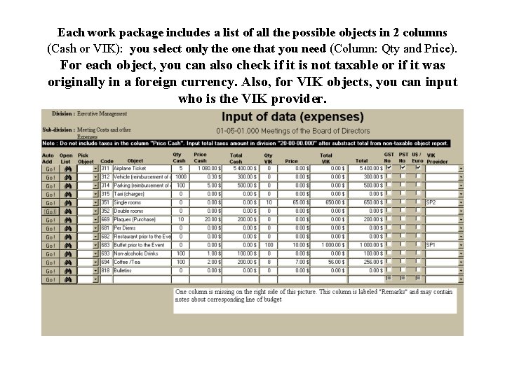 Each work package includes a list of all the possible objects in 2 columns