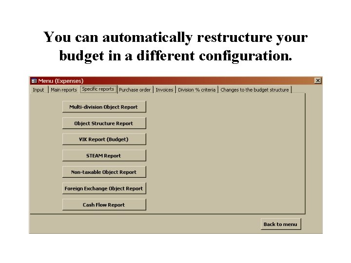 You can automatically restructure your budget in a different configuration. 