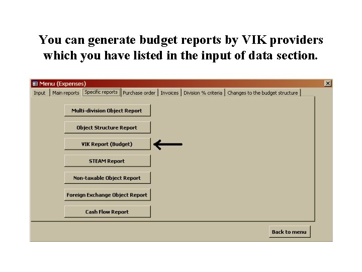 You can generate budget reports by VIK providers which you have listed in the