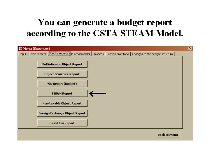 You can generate a budget report according to the CSTA STEAM Model. 