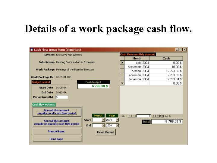 Details of a work package cash flow. 