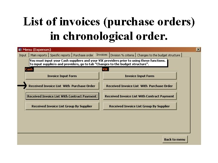 List of invoices (purchase orders) in chronological order. 