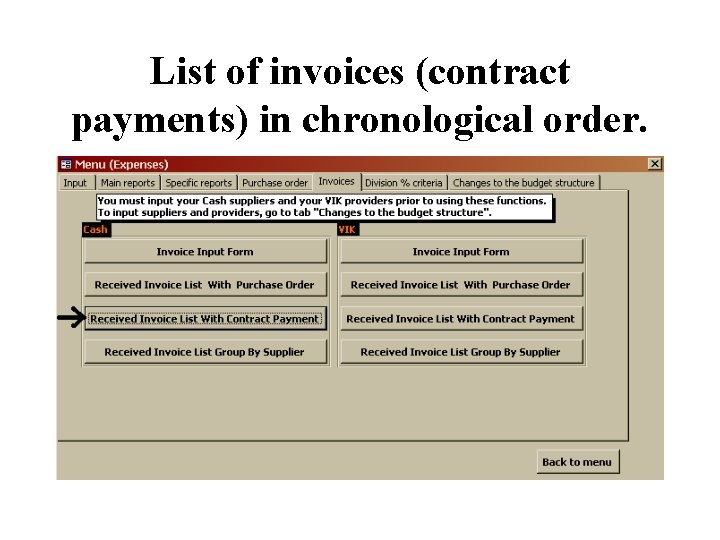 List of invoices (contract payments) in chronological order. 