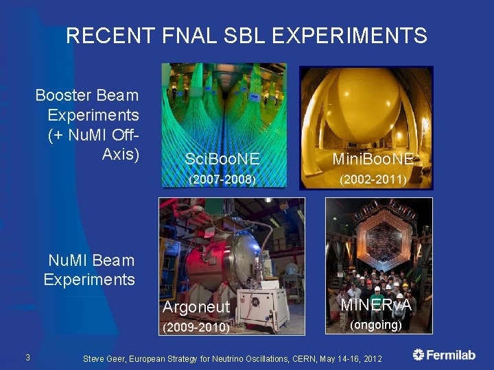 RECENT FNAL SBL EXPERIMENTS Booster Beam Experiments (+ Nu. MI Off. Axis) Sci. Boo.