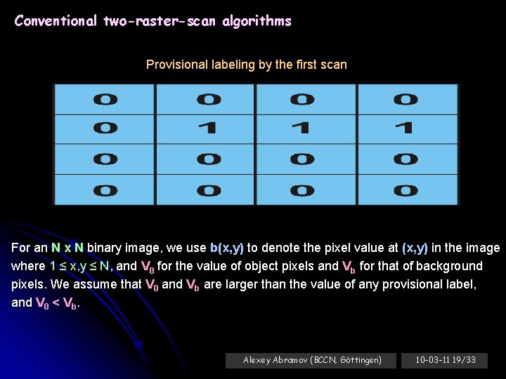 Conventional two-raster-scan algorithms Provisional labeling by the first scan For an N x N