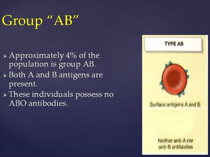 Group “AB” Approximately 4% of the population is group AB. Ø Both A and