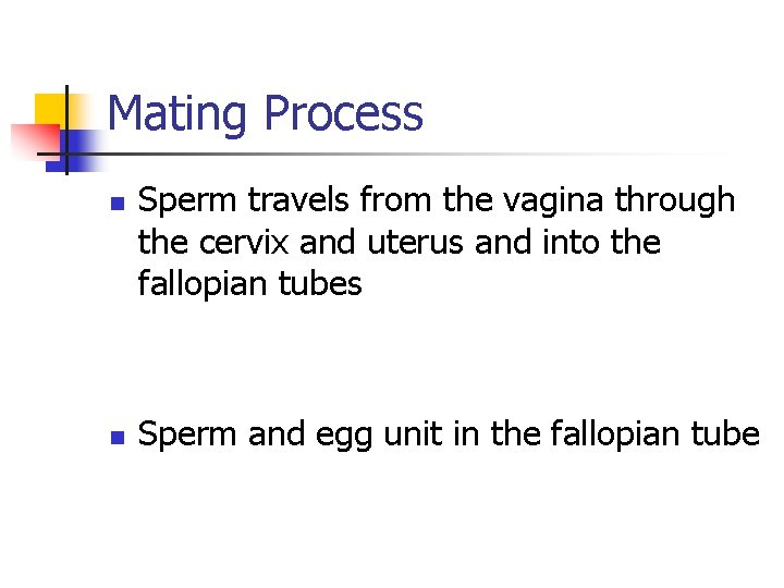 Mating Process n n Sperm travels from the vagina through the cervix and uterus