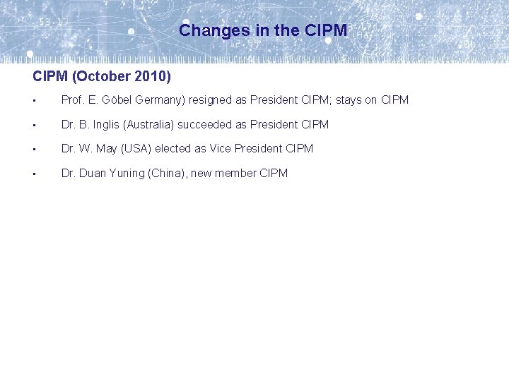 Changes in the CIPM (October 2010) • Prof. E. Göbel Germany) resigned as President