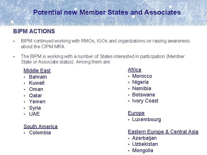 Potential new Member States and Associates BIPM ACTIONS • BIPM continued working with RMOs,