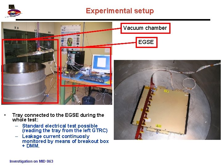 Experimental setup Vacuum chamber EGSE • Tray connected to the EGSE during the whole