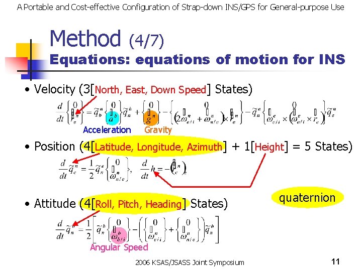 A Portable and Cost-effective Configuration of Strap-down INS/GPS for General-purpose Use Method (4/7) Equations: