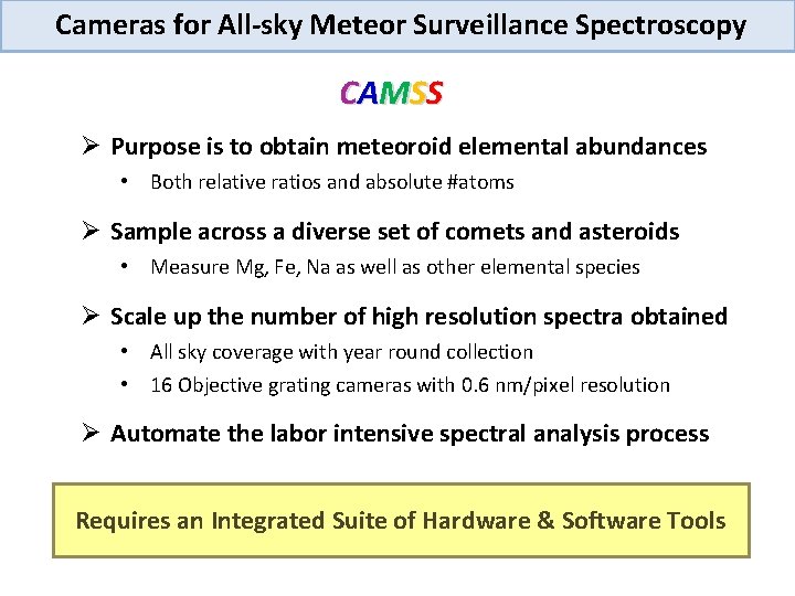 Cameras for All-sky Meteor Surveillance Spectroscopy C A MS S Ø Purpose is to