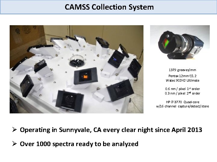 CAMSS Collection System 1379 grooves/mm Pentax 12 mm f/1. 2 Watec 902 H 2