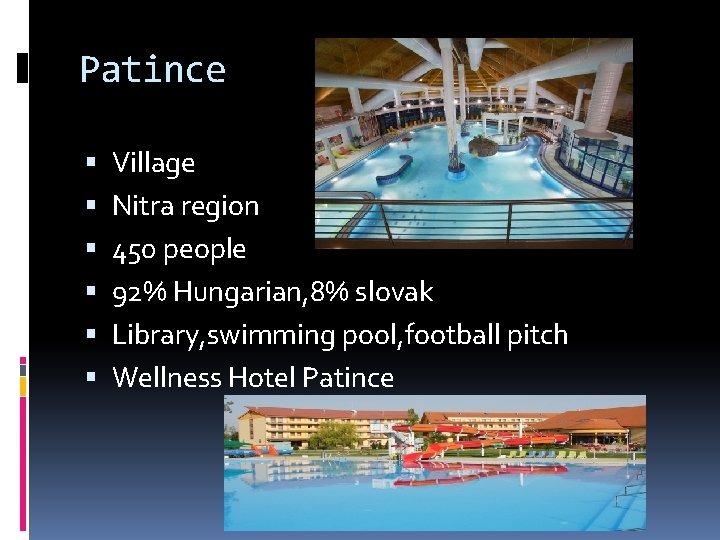 Patince Village Nitra region 450 people 92% Hungarian, 8% slovak Library, swimming pool, football