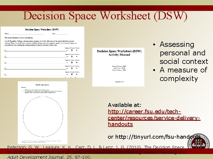 Decision Space Worksheet (DSW) • Assessing personal and social context • A measure of