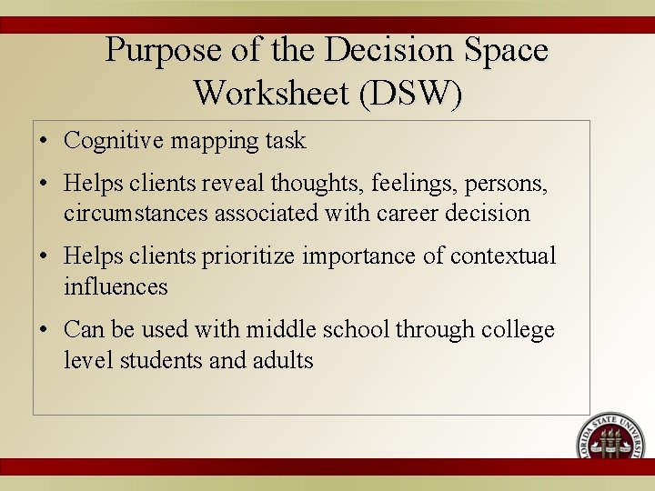 Purpose of the Decision Space Worksheet (DSW) • Cognitive mapping task • Helps clients