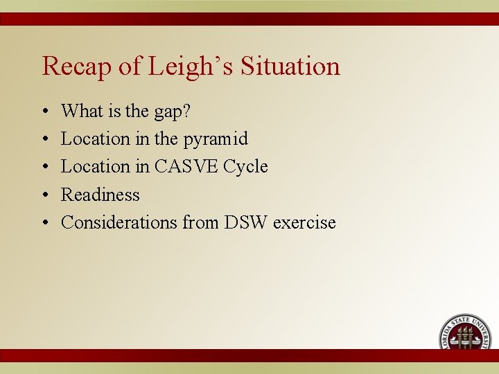 Recap of Leigh’s Situation • • • What is the gap? Location in the