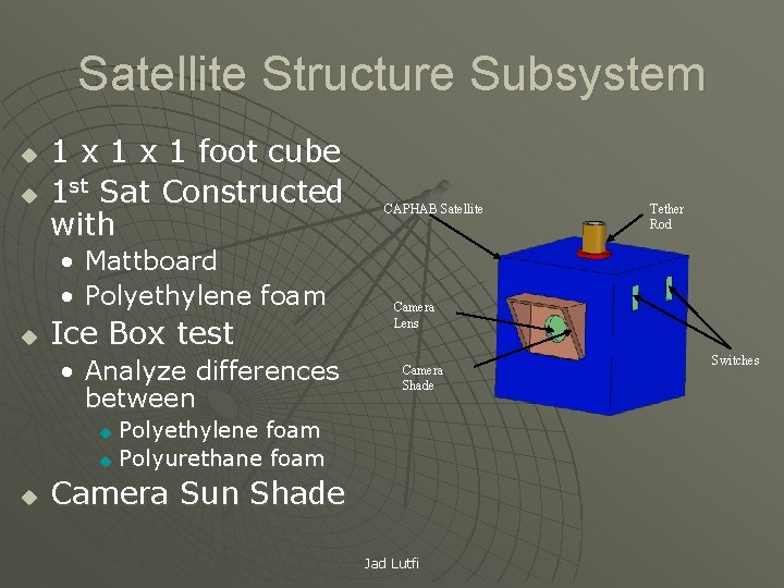 Satellite Structure Subsystem u u 1 x 1 foot cube 1 st Sat Constructed