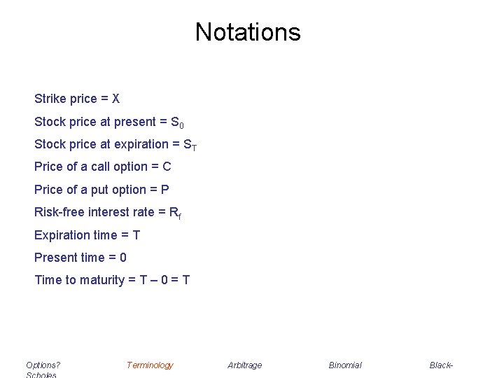 Notations Strike price = X Stock price at present = S 0 Stock price