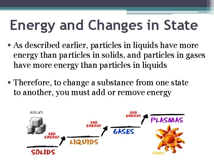 Energy and Changes in State § As described earlier, particles in liquids have more
