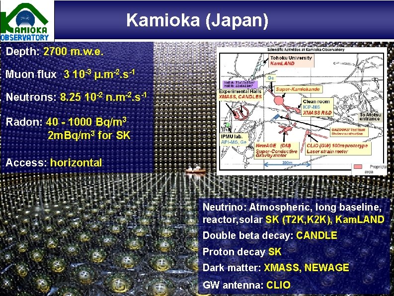 Kamioka (Japan) Depth: 2700 m. w. e. Muon flux: 3 10 -3 µ. m-2.