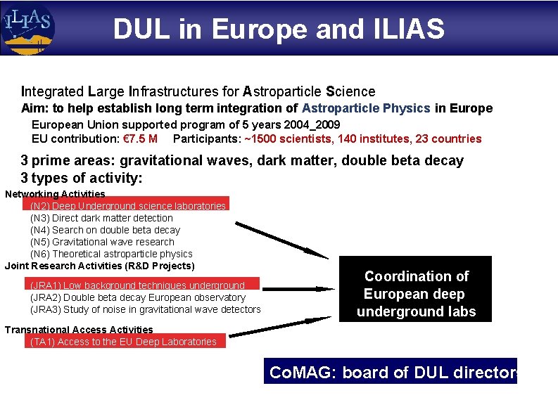 DUL in Europe and ILIAS Integrated Large Infrastructures for Astroparticle Science Aim: to help
