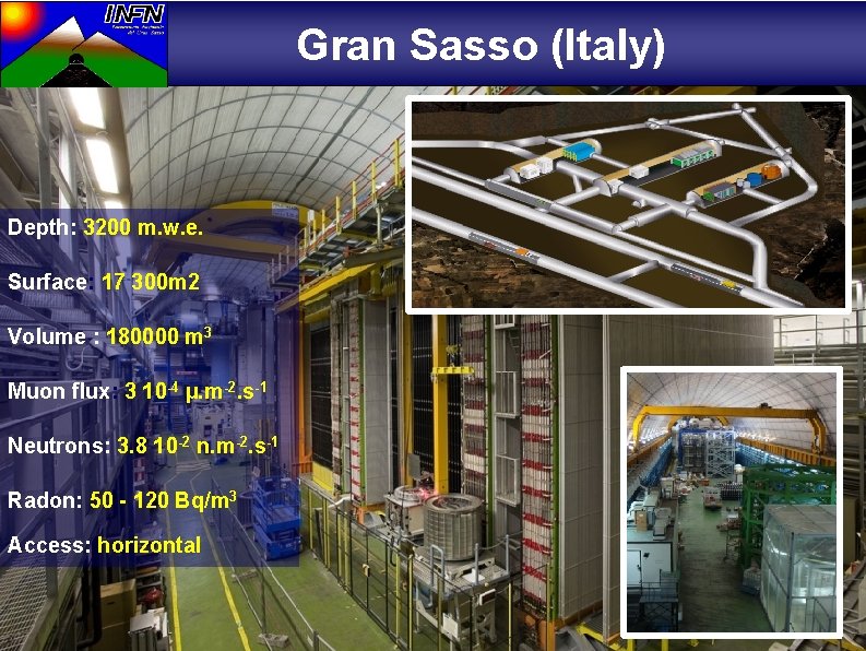  Gran Sasso (Italy) Depth: 3200 m. w. e. Surface: 17 300 m 2