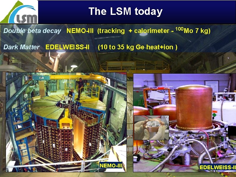 The LSM today Laboratoire Souterrain de Modane Double beta decay NEMO-III (tracking + calorimeter