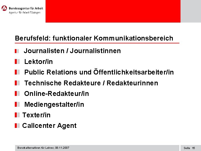 Berufsfeld: funktionaler Kommunikationsbereich Journalisten / Journalistinnen Lektor/in Public Relations und Öffentlichkeitsarbeiter/in Technische Redakteure /