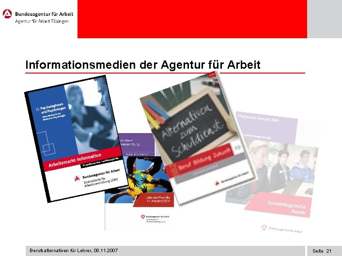 Informationsmedien der Agentur für Arbeit Berufsalternativen für Lehrer, 08. 11. 2007 Seite 21 