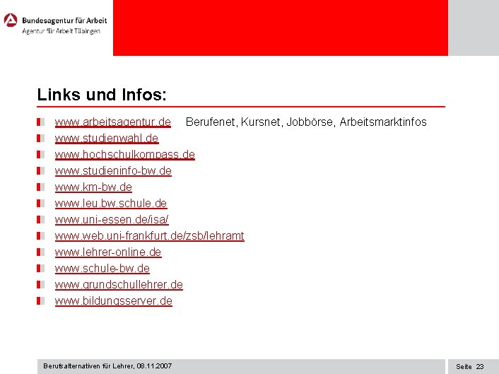 Links und Infos: www. arbeitsagentur. de Berufenet, Kursnet, Jobbörse, Arbeitsmarktinfos www. studienwahl. de www.