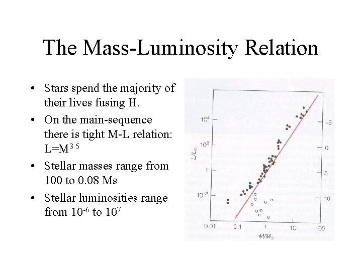 The Mass-Luminosity Relation • Stars spend the majority of their lives fusing H. •