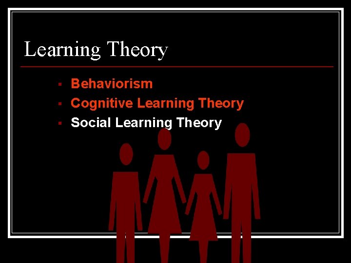 Learning Theory § § § Behaviorism Cognitive Learning Theory Social Learning Theory 