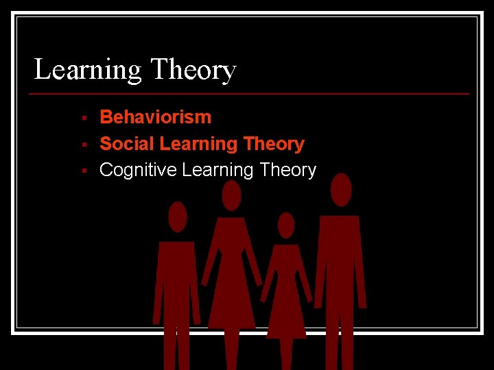 Learning Theory § § § Behaviorism Social Learning Theory Cognitive Learning Theory 