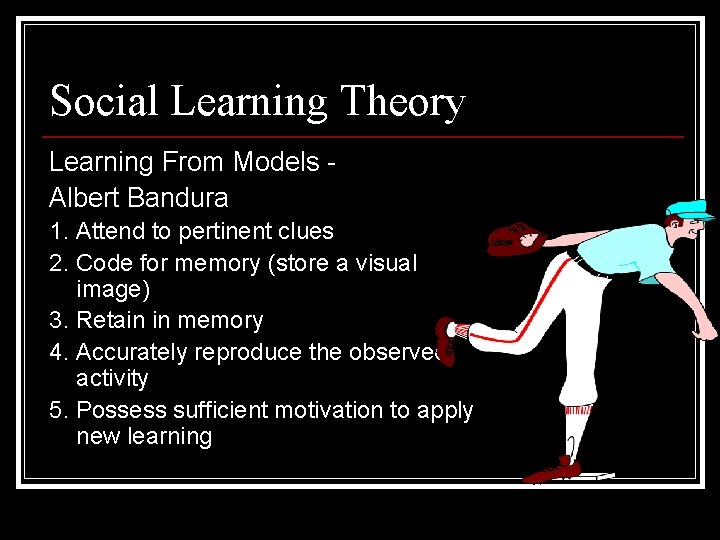 Social Learning Theory Learning From Models Albert Bandura 1. Attend to pertinent clues 2.