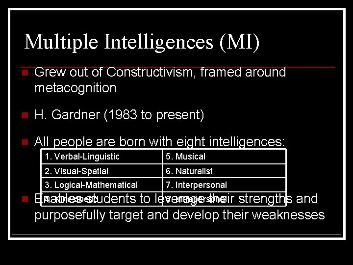 Multiple Intelligences (MI) n Grew out of Constructivism, framed around metacognition n H. Gardner