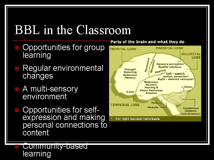 BBL in the Classroom n Opportunities for group learning n Regular environmental changes n