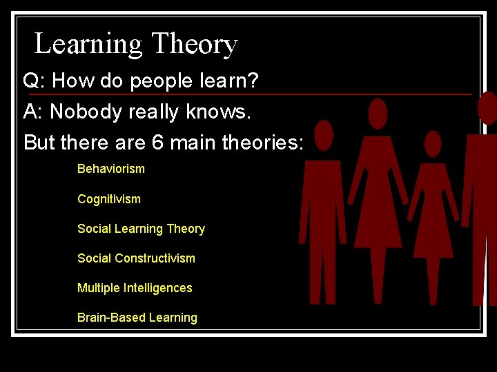 Learning Theory Q: How do people learn? A: Nobody really knows. But there are