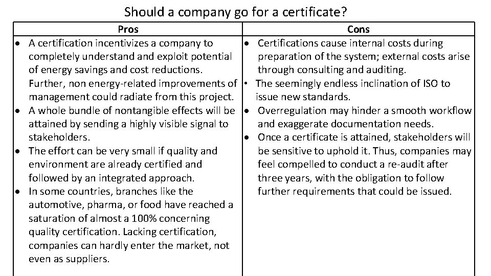 Should a company go for a certificate? Pros A certification incentivizes a company to