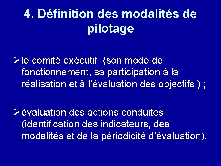 4. Définition des modalités de pilotage Ø le comité exécutif (son mode de fonctionnement,