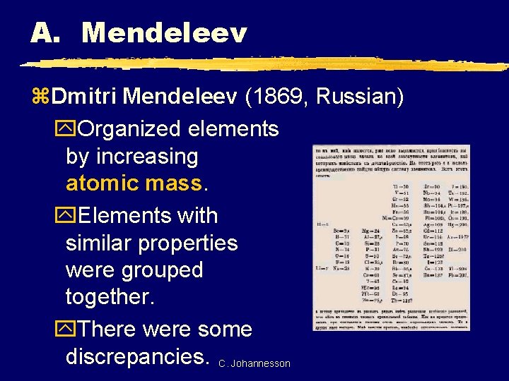 A. Mendeleev z. Dmitri Mendeleev (1869, Russian) y. Organized elements by increasing atomic mass.
