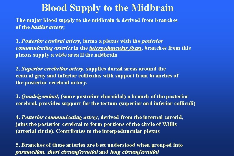 Blood Supply to the Midbrain The major blood supply to the midbrain is derived