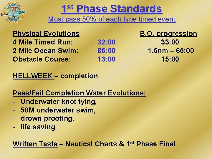 1 st Phase Standards Must pass 50% of each type timed event Physical Evolutions 1 st Phase Standards Must pass 50% of each type timed event Physical Evolutions