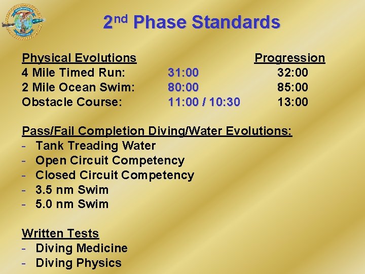 2 nd Phase Standards Physical Evolutions 4 Mile Timed Run: 2 Mile Ocean Swim: 2 nd Phase Standards Physical Evolutions 4 Mile Timed Run: 2 Mile Ocean Swim: