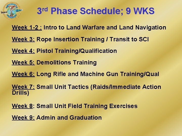 3 rd Phase Schedule; 9 WKS Week 1 -2 : Intro to Land Warfare 3 rd Phase Schedule; 9 WKS Week 1 -2 : Intro to Land Warfare