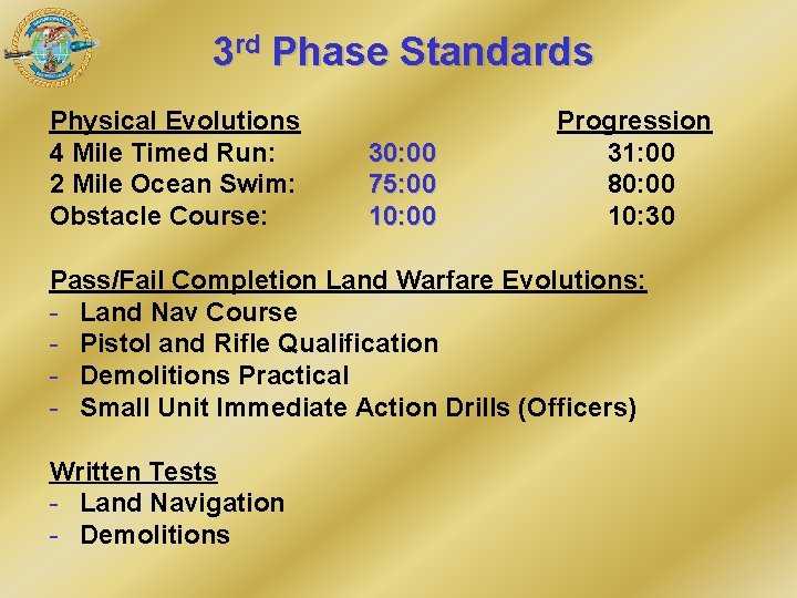 3 rd Phase Standards Physical Evolutions 4 Mile Timed Run: 2 Mile Ocean Swim: 3 rd Phase Standards Physical Evolutions 4 Mile Timed Run: 2 Mile Ocean Swim: