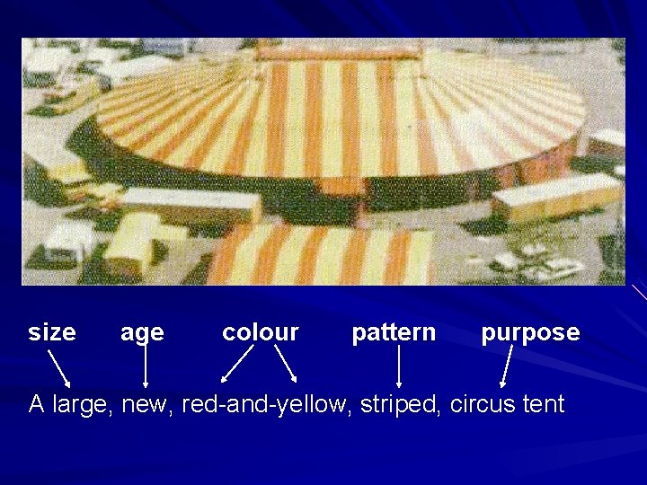 size age colour pattern purpose A large, new, red-and-yellow, striped, circus tent 