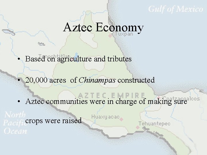 Aztec Economy • Based on agriculture and tributes • 20, 000 acres of Chinampas