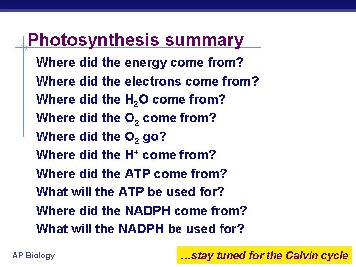 Photosynthesis summary Where did the energy come from? Where did the electrons come from?